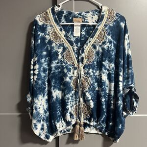 Skemo Women Batwing Boho Tassel Tie Dye V-Neck Blouse Multicolor XS Oversized